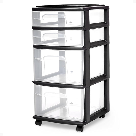 HOMZ Drawer Tower, 4-Tier Clear Plastic Storage Organizer Cart, Black Frame - Rolling Drawers with Wheels for Desk, Dresser, Cabinet, Bedroom, Bathroom, Closet, Classroom, and Office Organization