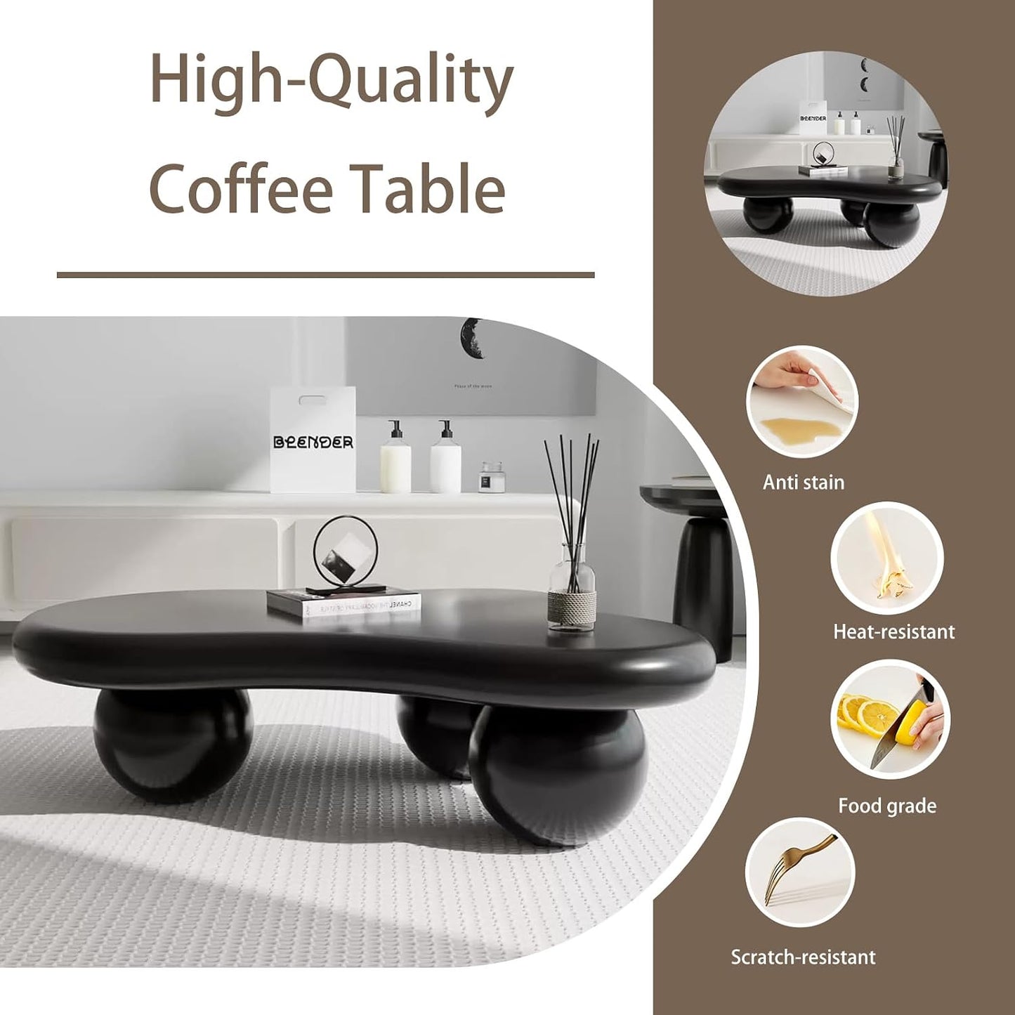 Cloud Shaped Coffee Tables (Black, Size : 46.06 x 31.1 x 13.77 inch) | Irregular Coffee Table, Modern Cloud Shape Design, Coffee Tables for Living Room, Room, Office