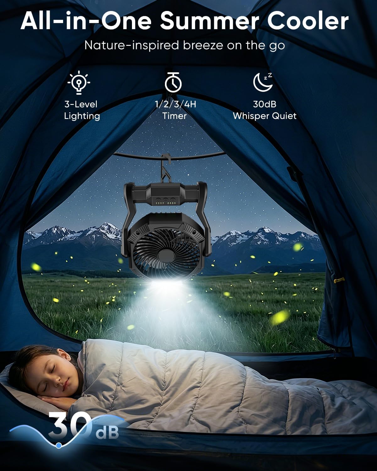 Portable Rechargeable Fan, 20000mAh Battery Powered Camping Fan with LED Light & Hook, 270° Adjustable, 4-Speed, 4H Timer Camping Essentials for Outdoor Tent Travel BBQ Car, Gifts for Men Dad