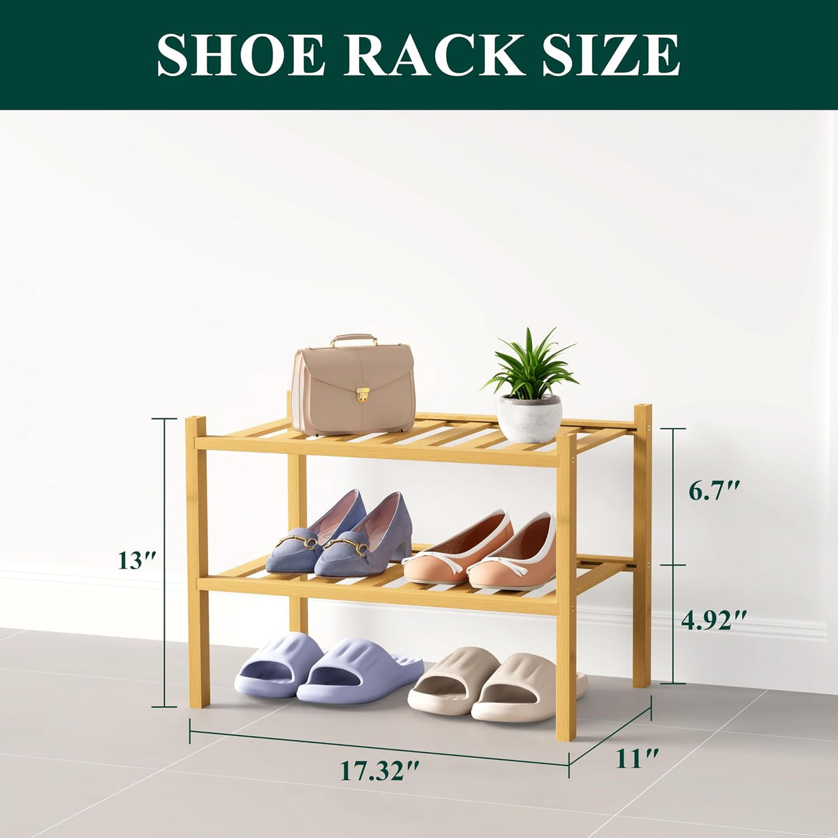 Smiry Bamboo Shoe Rack for Closet, 2 Tier - 17.32" Wide, Natural