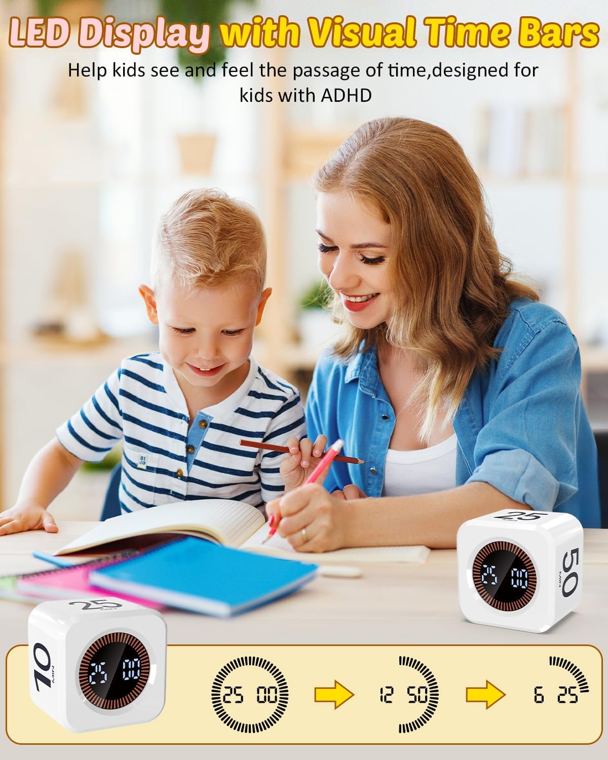 Digital Pomodoro Timer Cube 5/10/25/50min Preset, Silent & Sound Alarm