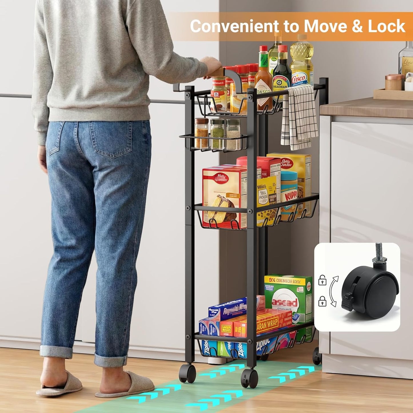AOODA Laundry Room Cart with Top Detergent Holder, Metal Rolling Storage Cart Between Washer and Dryer, 3 Tier Narrow Laundry Room Organization and Storage with Wheels (Pure Black)