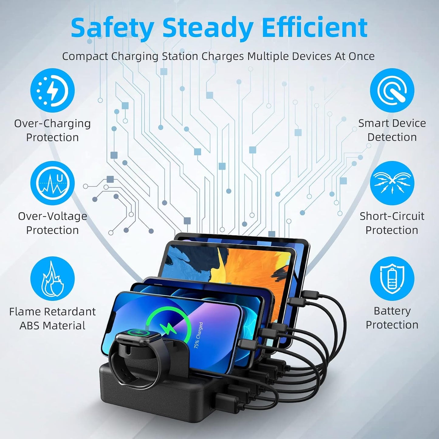 Charging Station for Multiple Devices, 50W 6 Ports USB Charger Station | with Apple Watch Holder & 6 Cables, for iPad Cellphone Kindle Tablet and Other Electronic, 1 USB-A to USB-C Adapter Converter