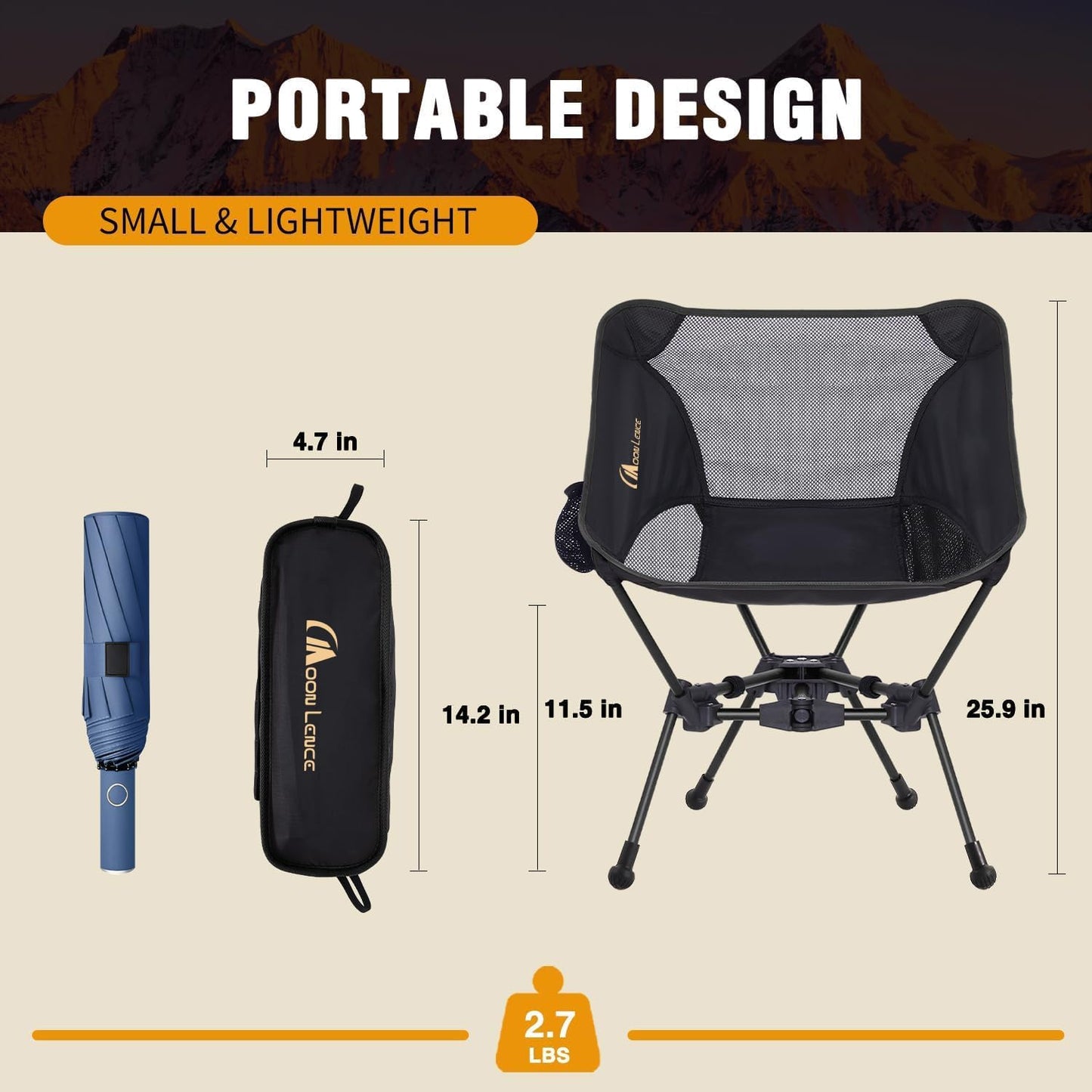 MOON LENCE Portable Camping Chair Backpacking Chair - The 4th Generation Ultralight Folding Chair - Compact, Lightweight Foldable Chairs for Hiking Mountaineering, Beach (Black-1Pack (Glod-Logo))