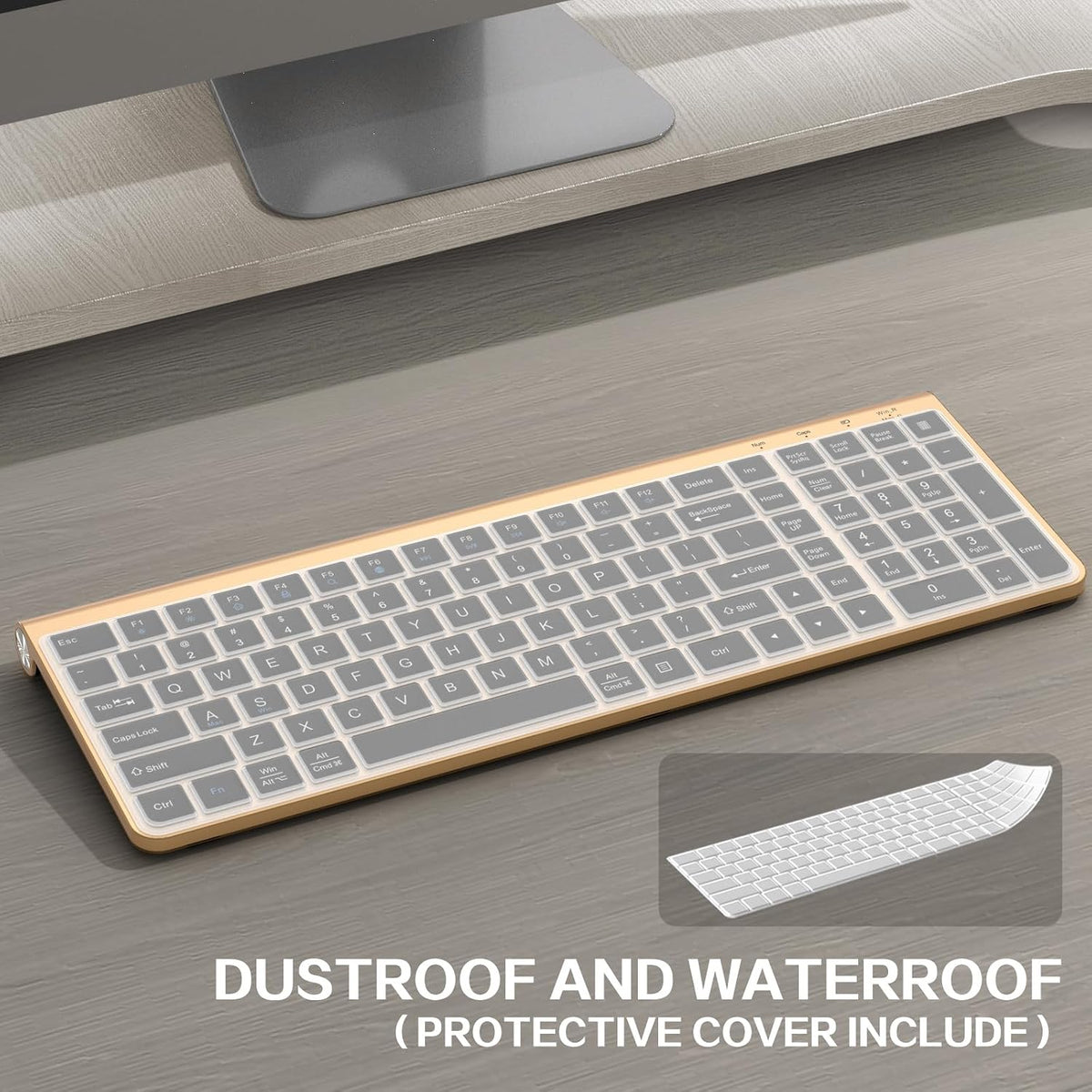 JOYACCESS Black Gold Wireless Keyboard with Low-Profile Keys - 2.4GHz Full-Sized,Windows & Mac OS, Quiet,Ergonomic Keyboard for Computer, Laptop, PC, Mac,Windows- Gold