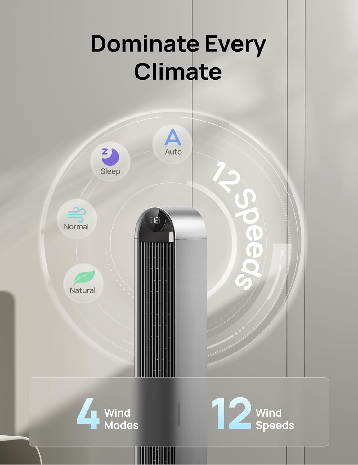 DREO Tower Fan for Bedroom, 42 Inch 120° Oscillating Fan, 20dB Quiet DC Motor, 28ft/s Velocity Bladeless Standing Fan with 12 Speeds, 4 Modes, 12H Timer Cooling Fans for Home, Living Room
