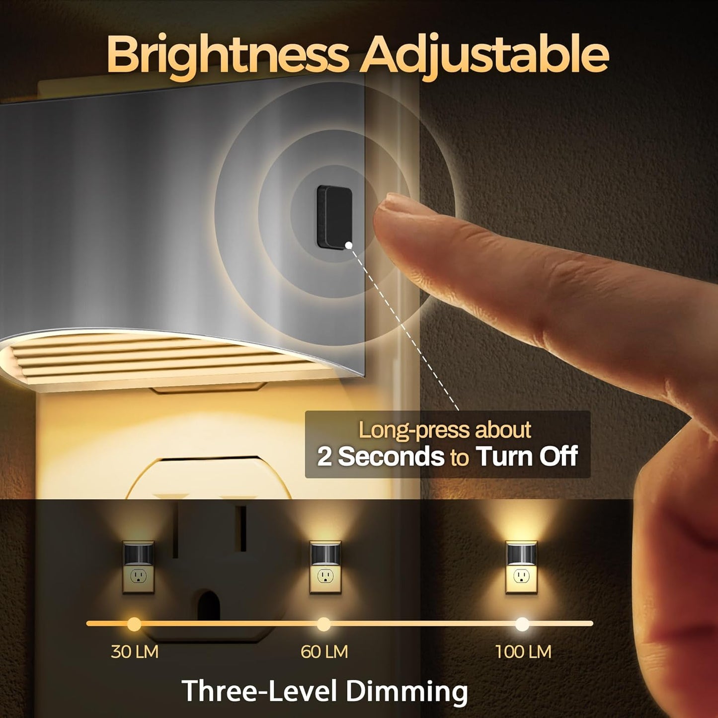 DORESshop LED Night Light[2 Pack], Night Lights Plug into Wall, 3 Level Brightness Adjustable Plug in Night Light, Dusk to Dawn Sensor Nightlights for Adults,Bedroom,Hallway,3000K -Chrome Cover