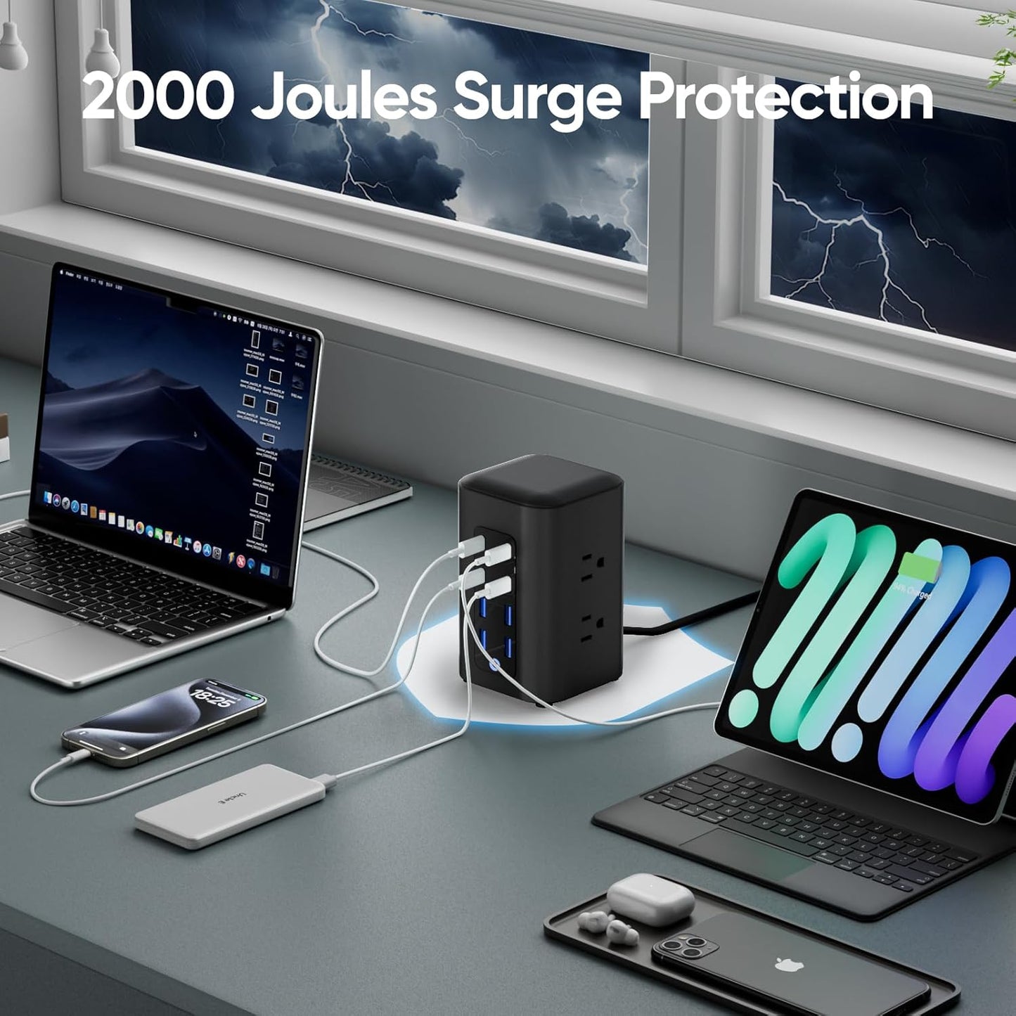 TenTrend Power Strip Tower, 230W Total Fast Charging Station for Multiple Devices, 5FT Extension Cord Tower with 6 Outlets 8 USB(4 USB C), 2000J Surge Protector for Home Office, Dorm Essentials