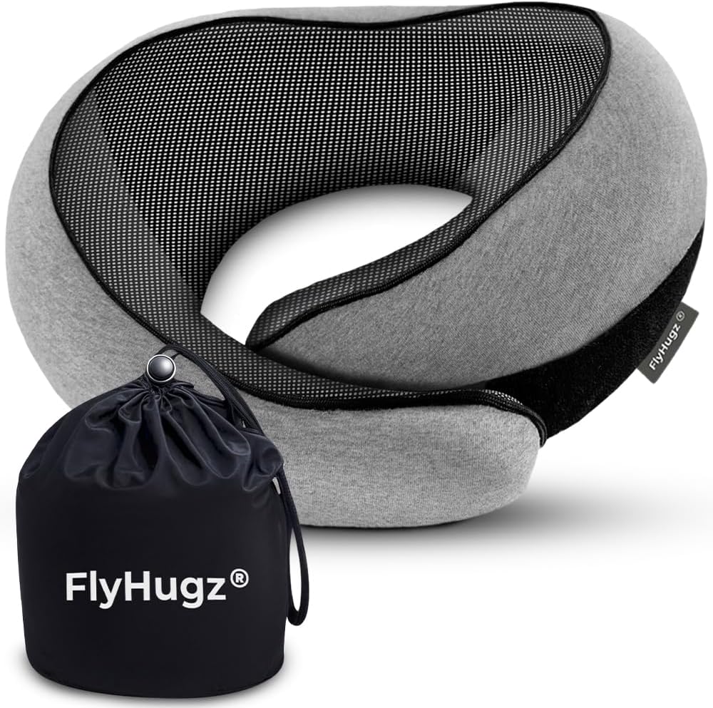 FlyHugz® Neck Travel Pillow Memory Foam Neck Pillow for Comfort on Airplane Compact and Ergonomic Design for Travel, Car Rides, and Home Use Ideal for Adults and Kids. (Pink)