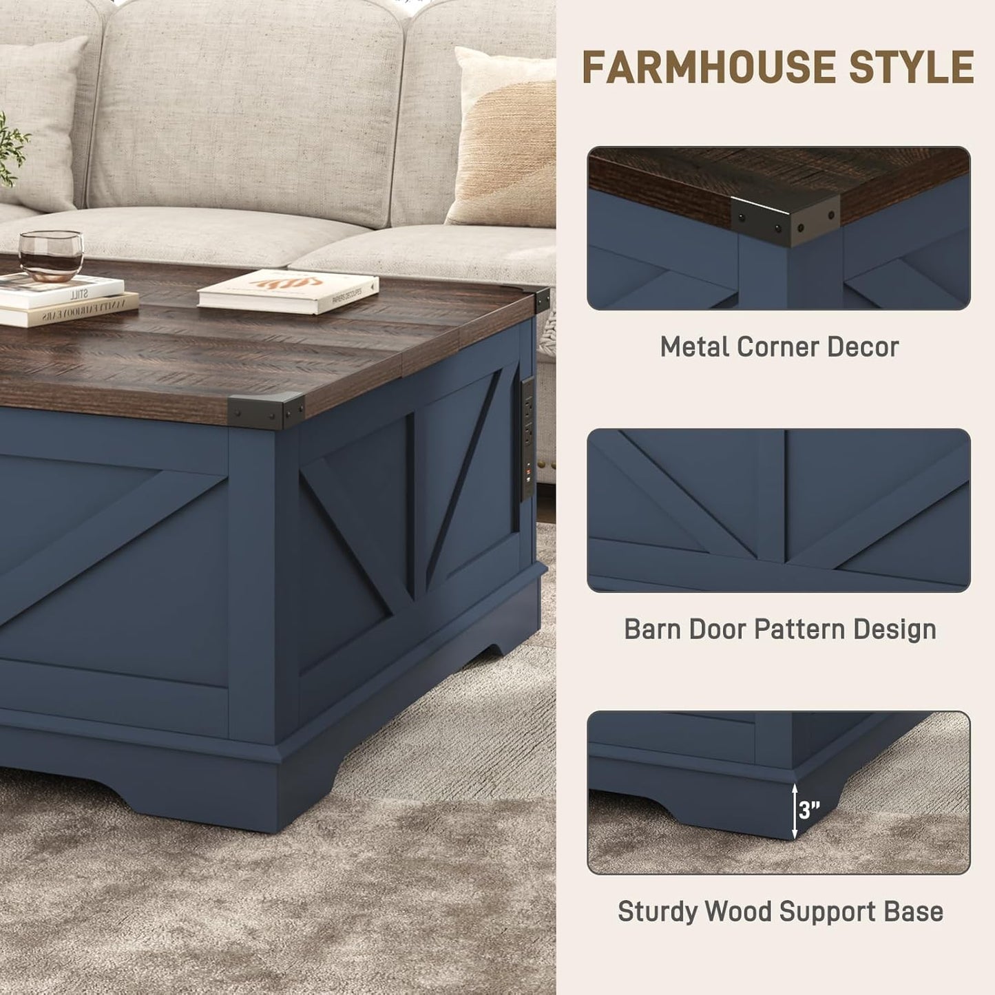 Hlivelood 40” Large Farmhouse Lift Top Coffee Table with Power Outlets and Large Hidden Storage, Square Wood Living Room Tables, Multi-Function Lift Wooden Barn Door Center Table, Blue