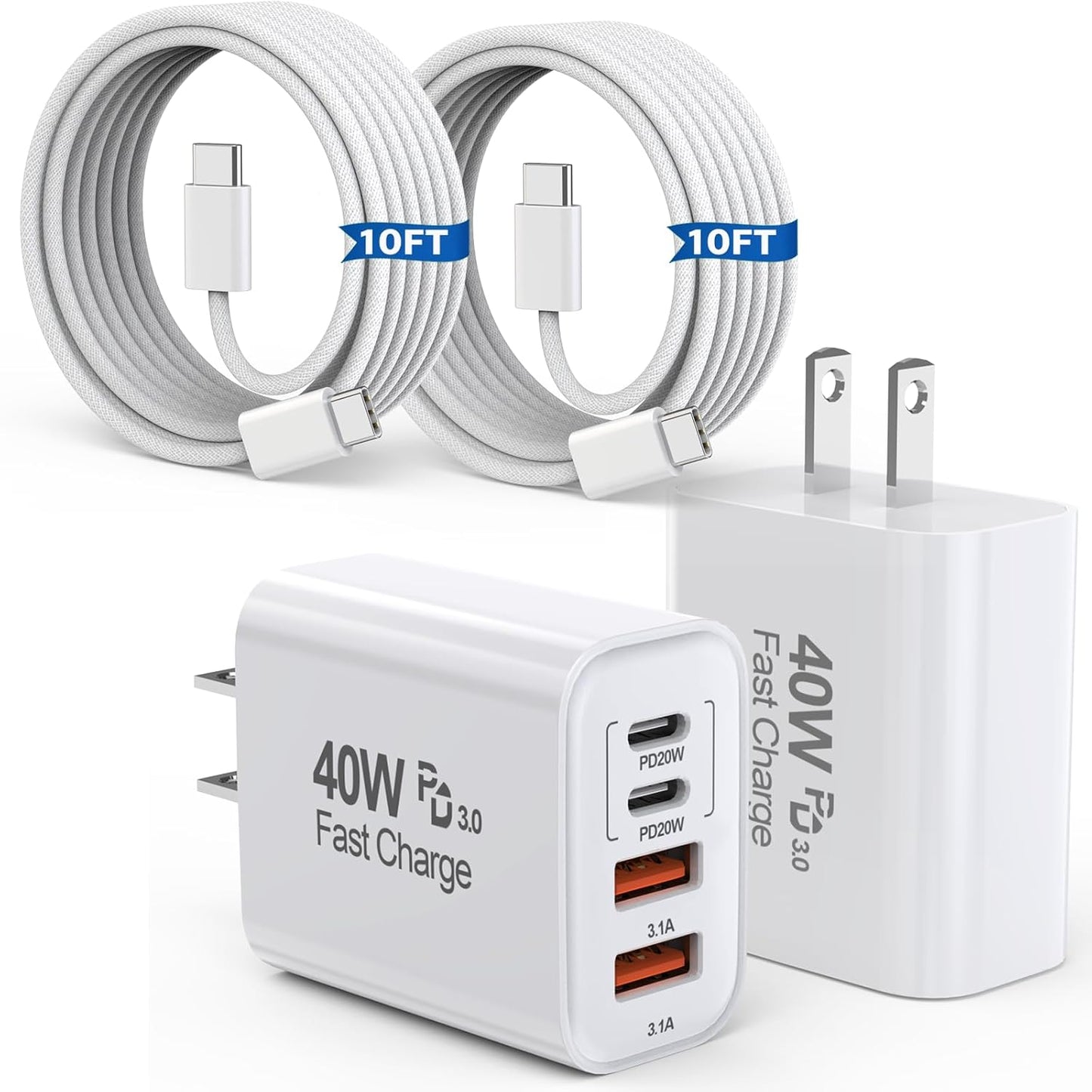 10FT iPhone 17 16 15 Pro Charger,2Pack 10Foot USB C to C Woven Cable Cord 40W USB C Apple Charger 4 Port PD&AC Charge Block Fast Charging for iPhone 17 Air/17 16 15 Pro Max/16e/16 Plus/15/15 Pro/iPad