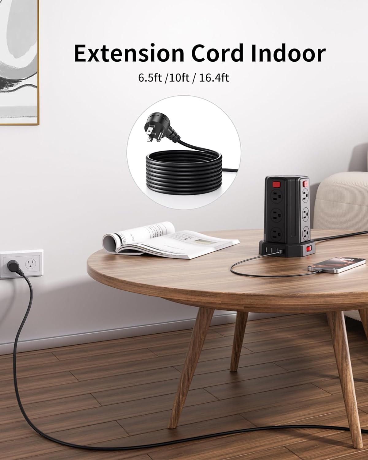 Power Strip Surge Protector, 6.5 Ft Extension Cord with 12 AC Multiple Outlets 4 USB (1 USB C), SMALLRT Power Tower Desktop Charging Station