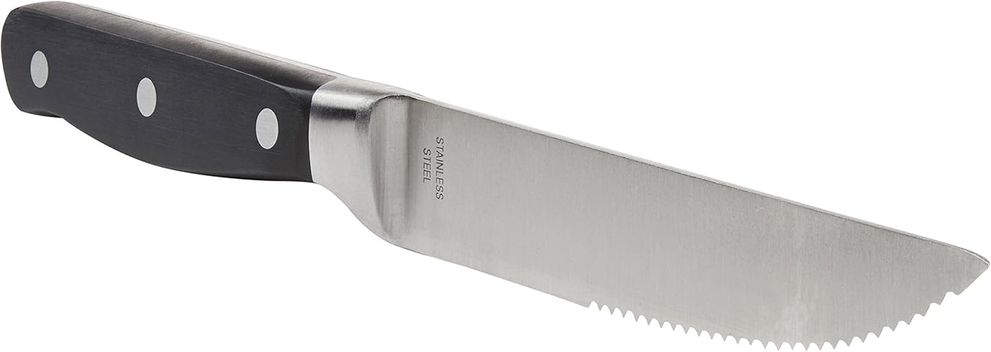 Amazon Basics 8-Piece Full Tang Stainless Steel Serrated Steak Knife Set, 4.5", Black