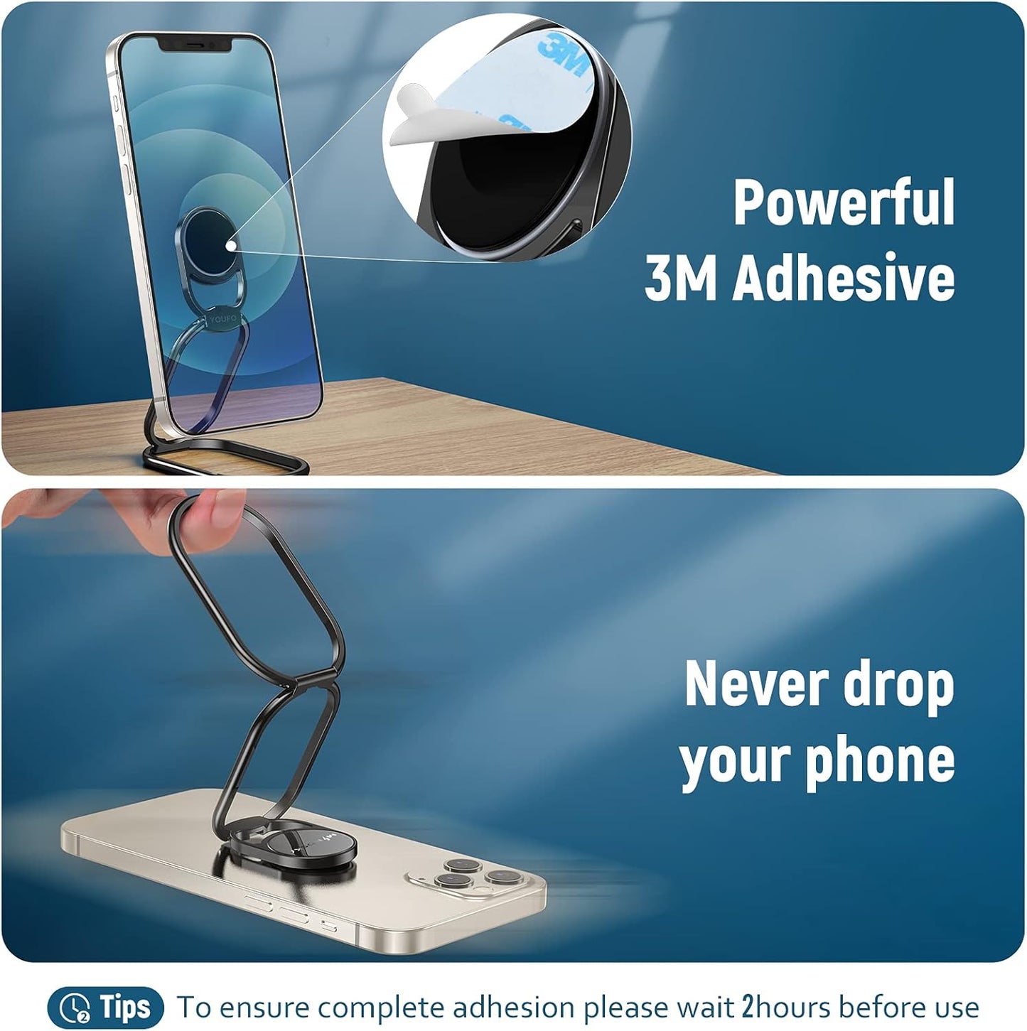 Phone Ring Holder Finger Kickstand 360°Rotation Cellphone Back Grip Foldable Cell Phone Stand for Desk Compatible with iPhone iPad Smartphones Tablets (Black)