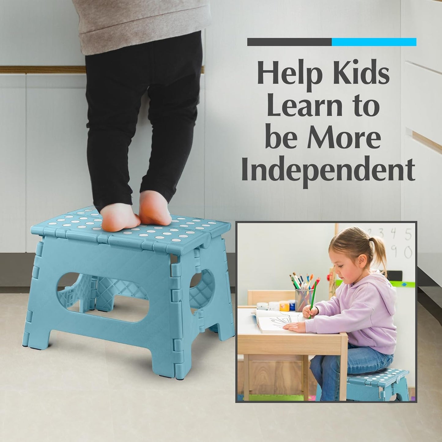 Handy Laundry Folding Step Stool 9 Inch – Sturdy Plastic Foldable Step Stool for Adults & Kids, 300 lb Capacity, Non-Slip, Lightweight, Portable with Handle for Kitchen, Bathroom, Bedroom – Teal