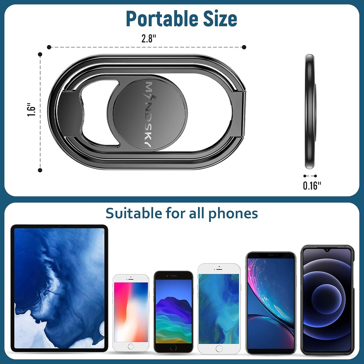 Phone Ring Holder Finger Kickstand 360°Rotation Cellphone Back Grip Foldable Cell Phone Stand for Desk Compatible with iPhone iPad Smartphones Tablets (Black)