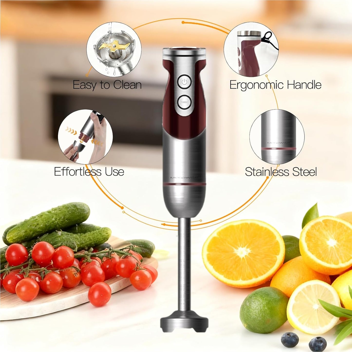 MegaWise 5-in-1 Immersion Hand Blender, Titanium Reinforced Blades (80% Sharper), 12-Speed Powerful Stick Blender with 500ml Chopper, 600ml Beaker, Whisk & Milk Frother for Smoothies, Baby Food & Soup