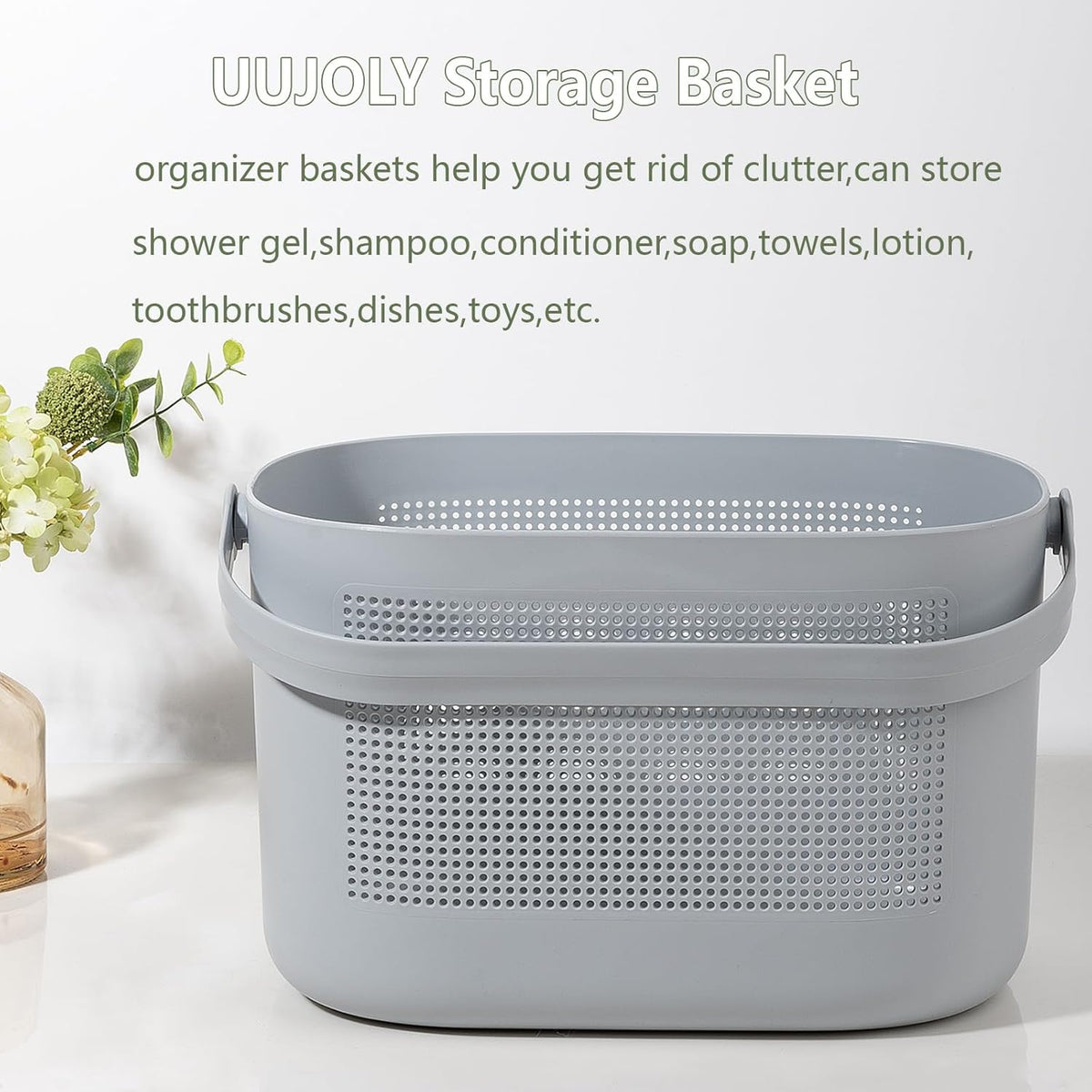 UUJOLY Plastic Storage Baskets with Handles, Shower Caddy Shelf Organizers Basket for Bathroom, Kitchen, Dorm Room, Gray