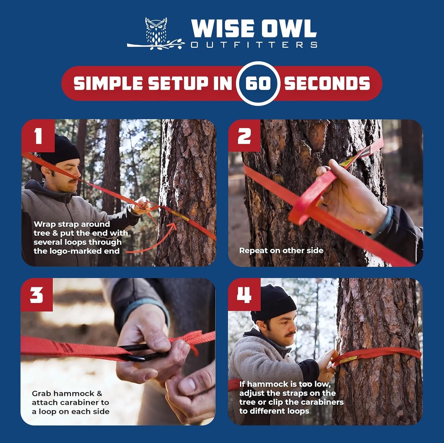 Wise Owl Outfitters Camping Hammock – up to 500lbs Portable Hammock with Tree Straps - Travel, Backpacking, Hiking, Outdoors Camping Gear - Single or Double