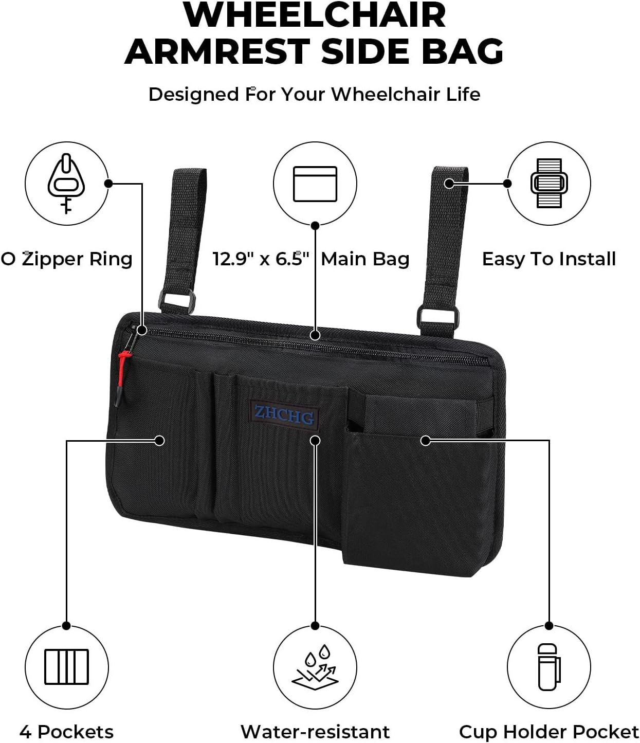 ZHCHG 2 Pack Wheelchair Side Bag with Cup Holder, Wheelchair Armrest Pouch Accessories for Walker, Rollator, Electric Scooter Wheelchairs, Ideal Gift for Mother's Day & Father's Day
