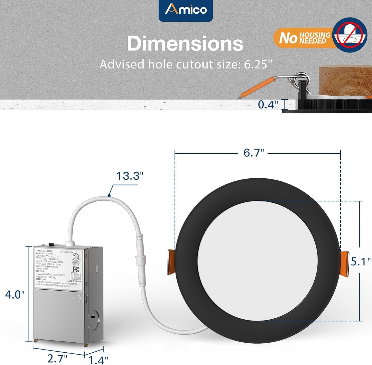 Amico 4 Pack 6 Inch Black 5CCT Ultra-Thin LED Recessed Light with Junction Box, 2700K/3000K/3500K/4000K/5000K Selectable, 12W Eqv 110W 1050LM Dimmable Canless Wafer Downlight, ETL & FCC