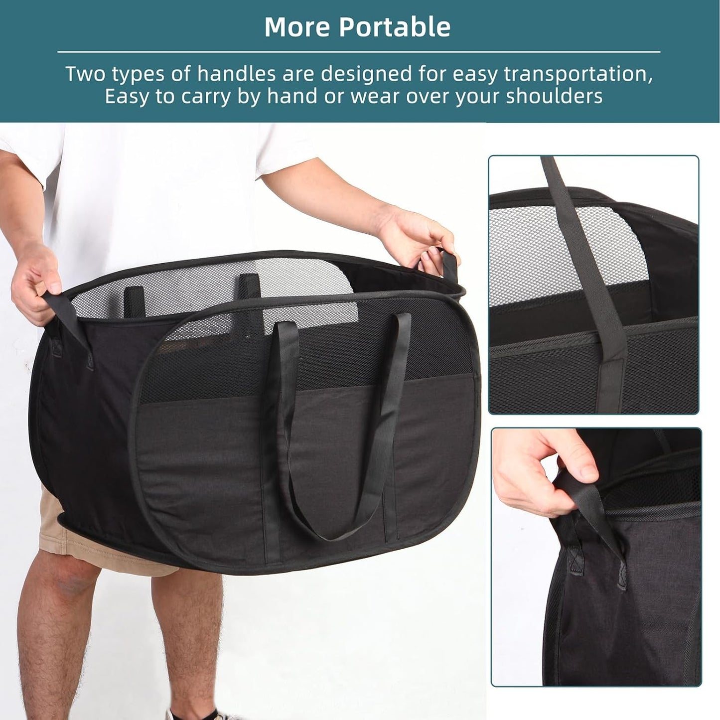 Collapsible Laundry Baskets, Tear Proof Pop Up Laundry Hamper with Dual Handles, Durable Foldable Laundry Basket, Easy to Carry Laundry Hamper for Home, Laundry Room, Bedroom, Dorm, Travel Black