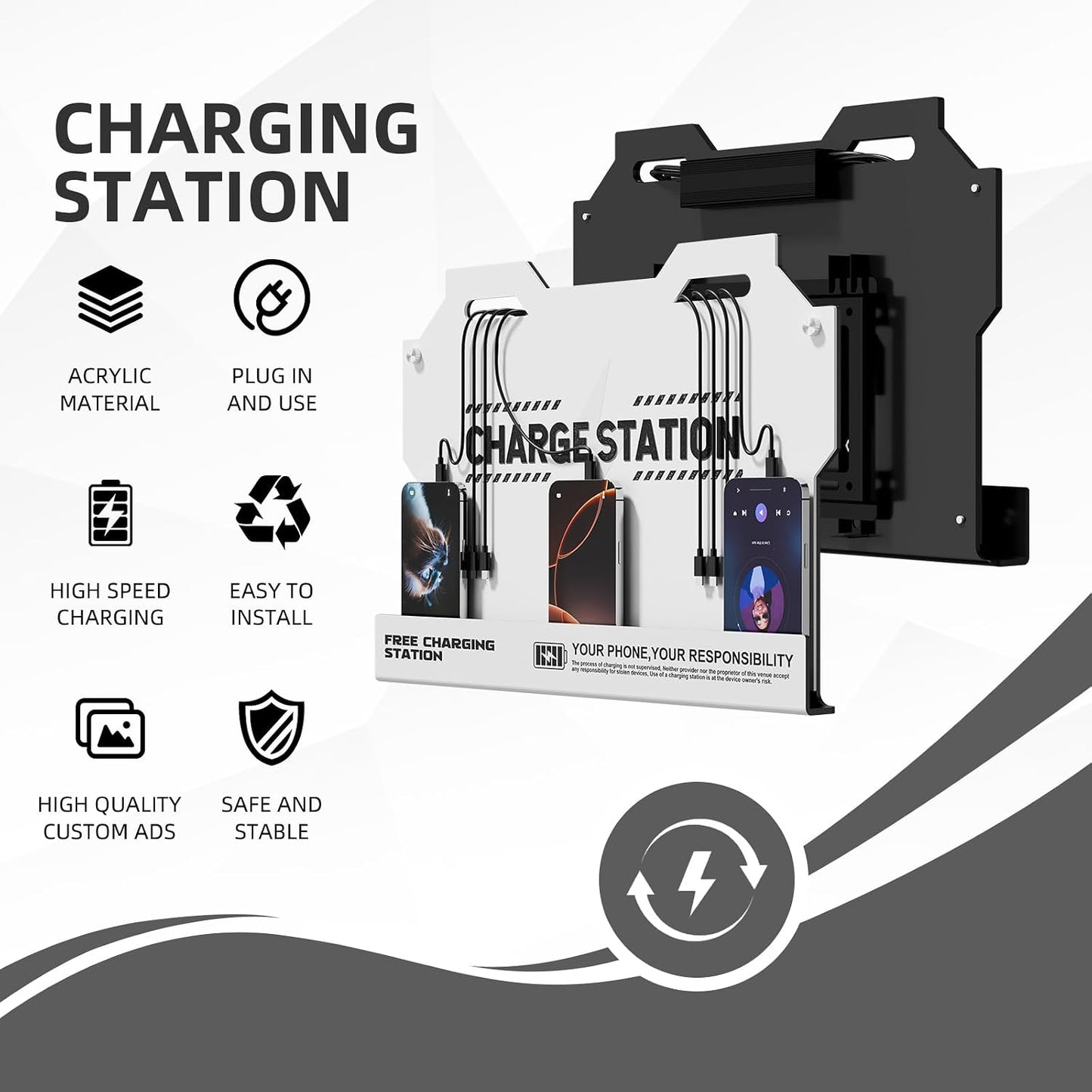 Mechanical Type Wall Mounted Charging Station with 8 PortHigh Speed Cables - Universal Dock for Apple, Type-C & Android Devices, Perfect for Airports, Hotels, Offices, School (White)