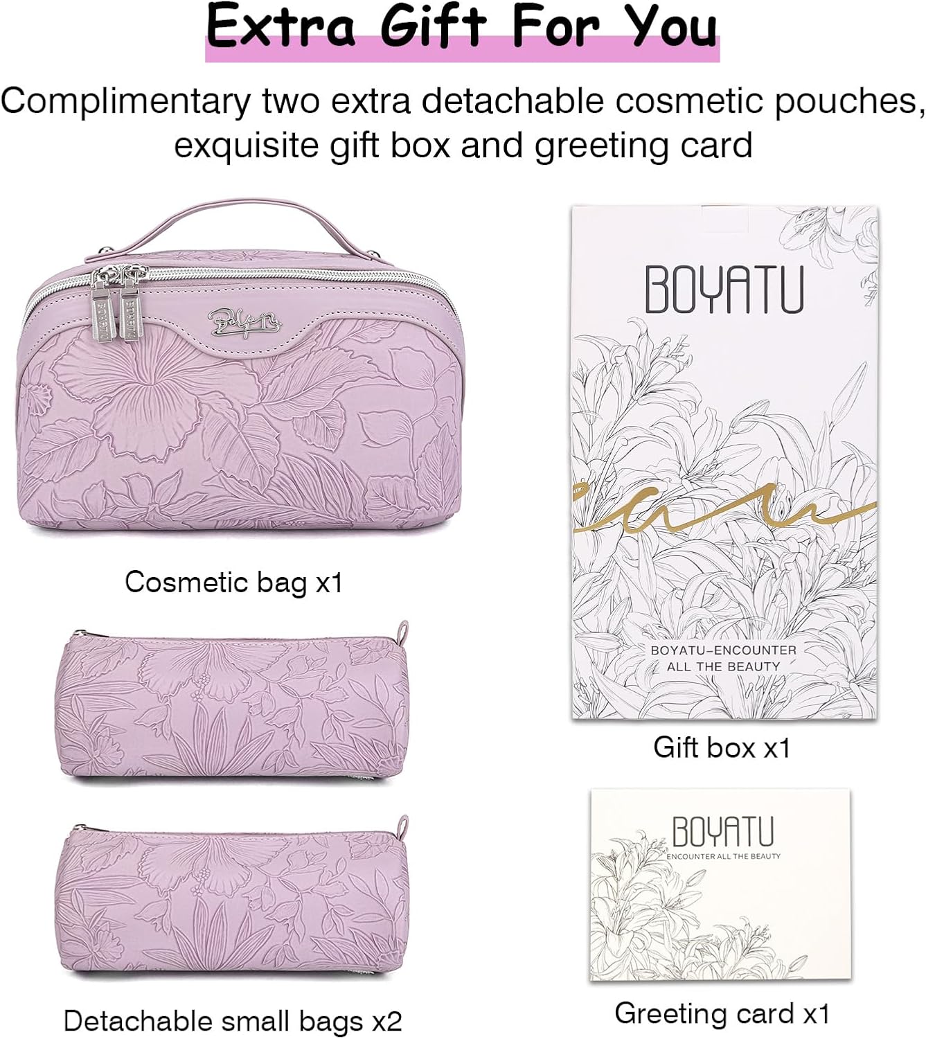BOYATU Travel Makeup Bags Cosmetic Organizer Bag: 3-Set Large Capacity Make up Bag - PU Leather Toiletry Bags for Women - Wide Open Portable Pouch with Divider & Handle (01-Z-Light Purple)