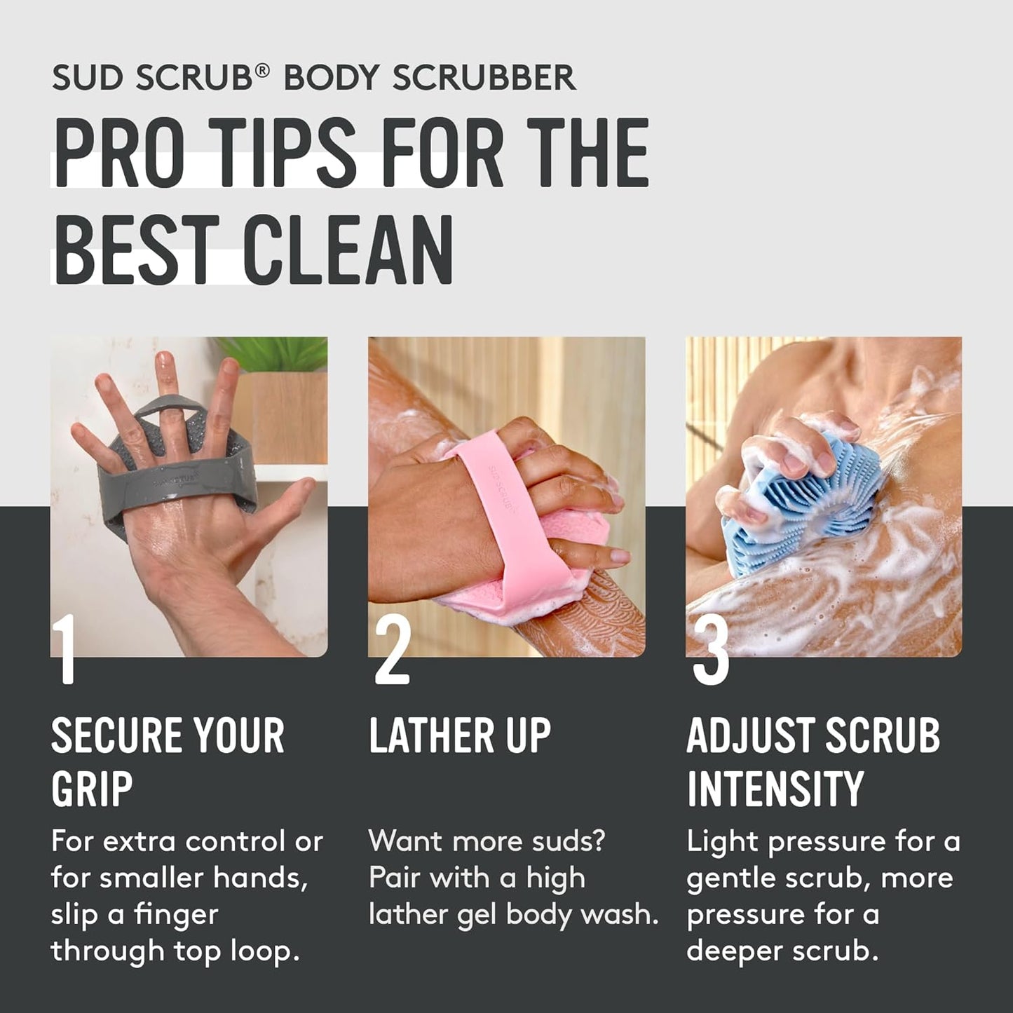 Sud Scrub® Antimicrobial Silicone Body Scrubber, Exfoliating Body Brush for Sensitive Skin, Antibacterial Shower Scrubber for Body, Bathroom Essentials for Men & Women, Charcoal