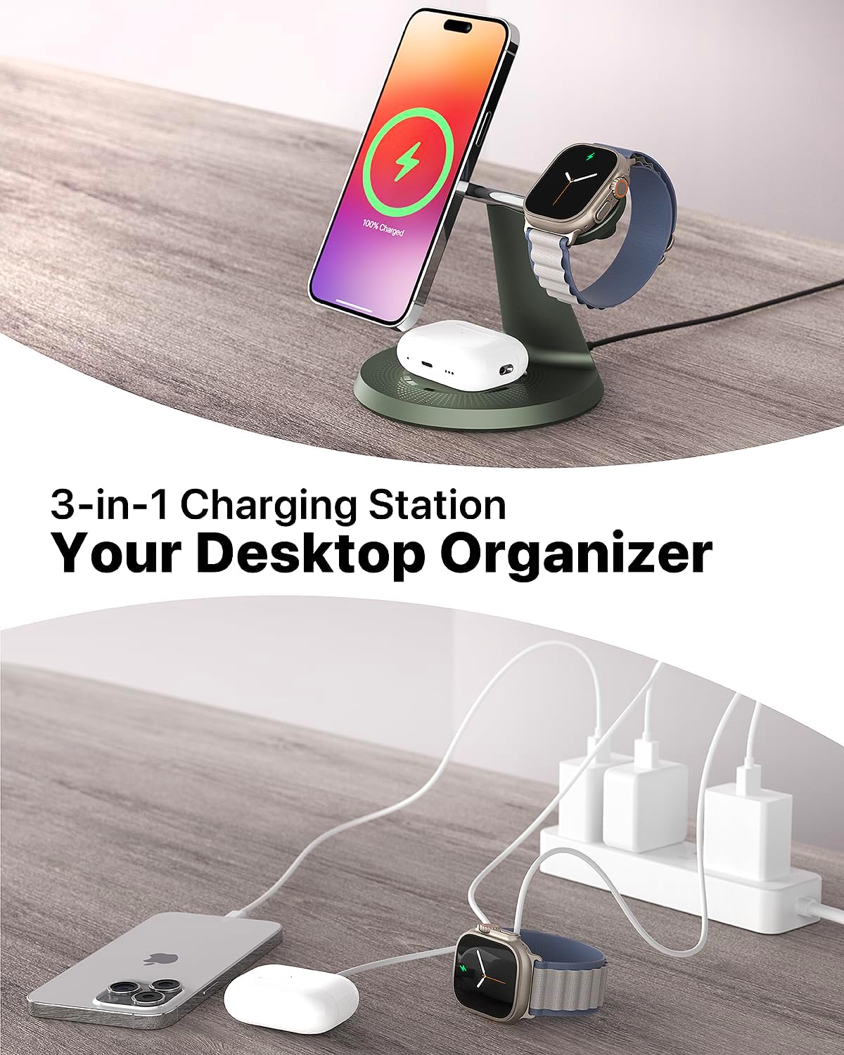 ZECHIN 3 in 1 Wireless Charging Station for Apple Devices with MagSafe | Charging for iPhone 17/Air/16/15/14/13, AirPods, Apple Watch, Weighted Stable Charging Stand, USB-C Adapter Included