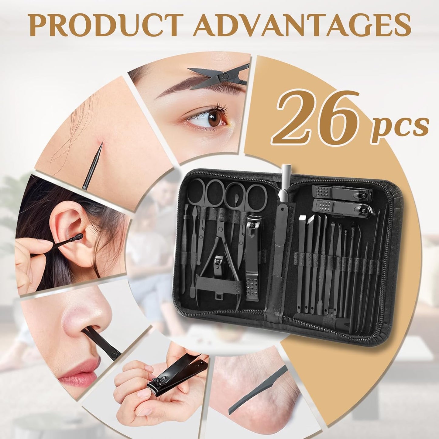 MINKINH Manicure Set Professional Nail Clipper Kit-26 Pieces Stainless Steel Manicure Kit,Nail Care Tools with Luxurious Travel Case Nail Grooming Kit Present for Men Husband Boyfriend Parent (Black)