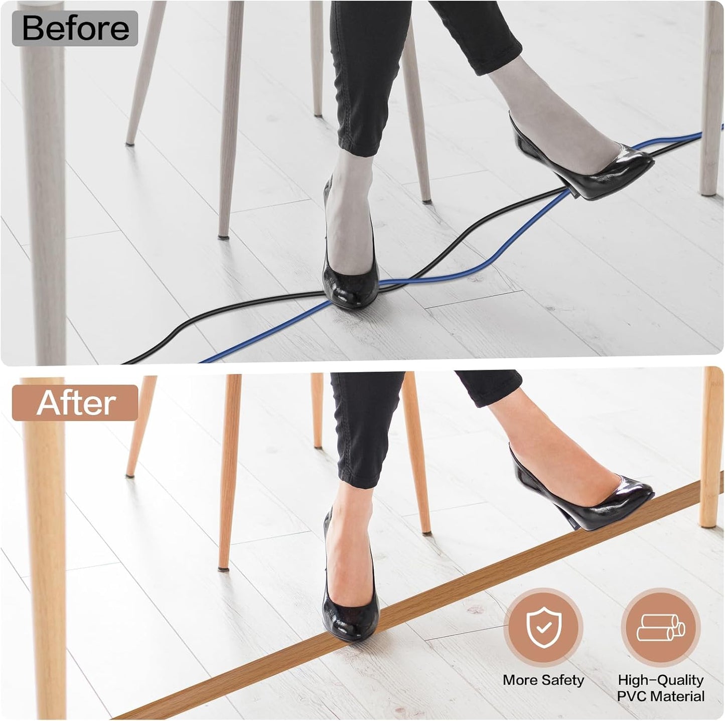 LSGCQ Floor Cord Cover Self Adhesive Cord Hider Floor Cable Management | Cord Covers for Wires on Floor Cable Cover, Prevent Cable Trips, Cable Cavity 0.59" W x 0.31" H, 20Ft, Light Brown Wood
