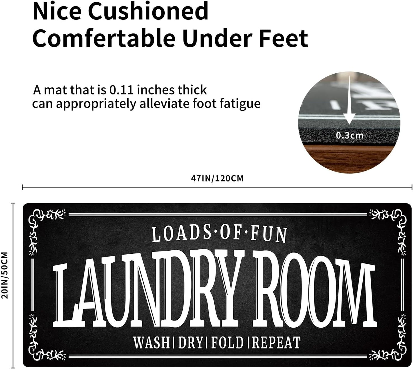 Non-Slip Rubberback Laundry Room Rug Runner 20''x47'' - Kitchen Farmhouse Decor Floor Laundry Mats for Mudroom and Bathroom Carpet Machine Washable Waterproof, Black