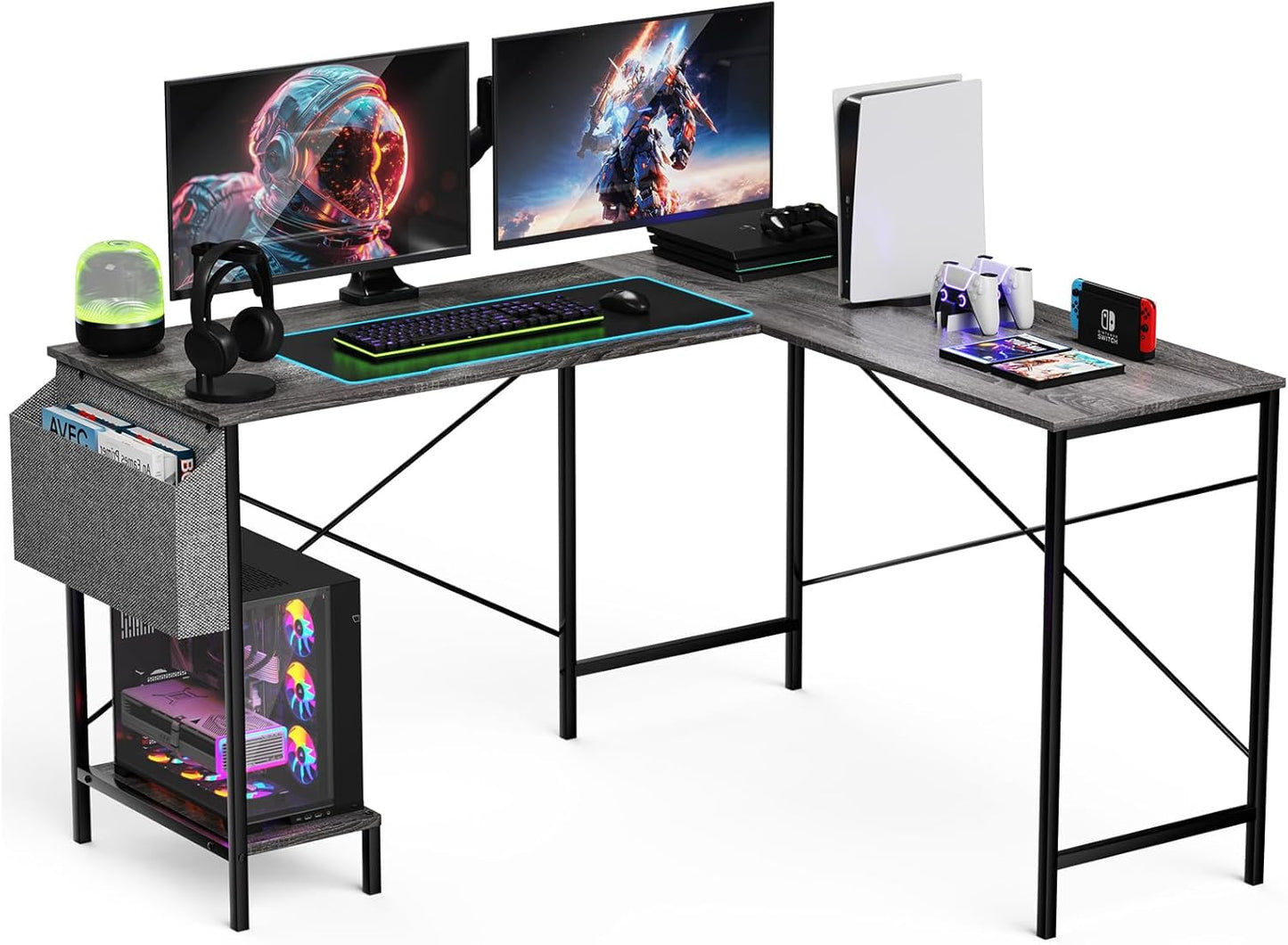 L Shaped Desk - 50" Reversible Home Office Computer Desk, Wood Top, Metal Frame, Side Bag, Sturdy Gaming Desk Corner Table for Work, Writing and Study, Space-Saving