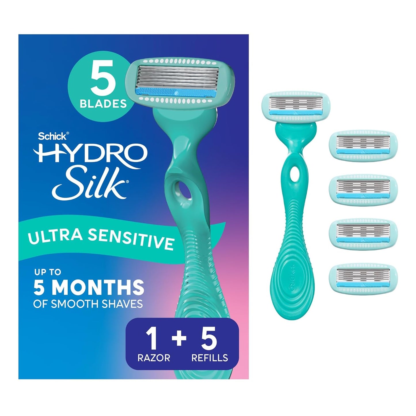 Schick Hydro Silk Ultra Sensitive Razor for Women | Womens Razor for Sensitive Skin, 5 Blade Razors for Women, Womens Razors for Shaving, Includes 1 Handle & 7 Refills