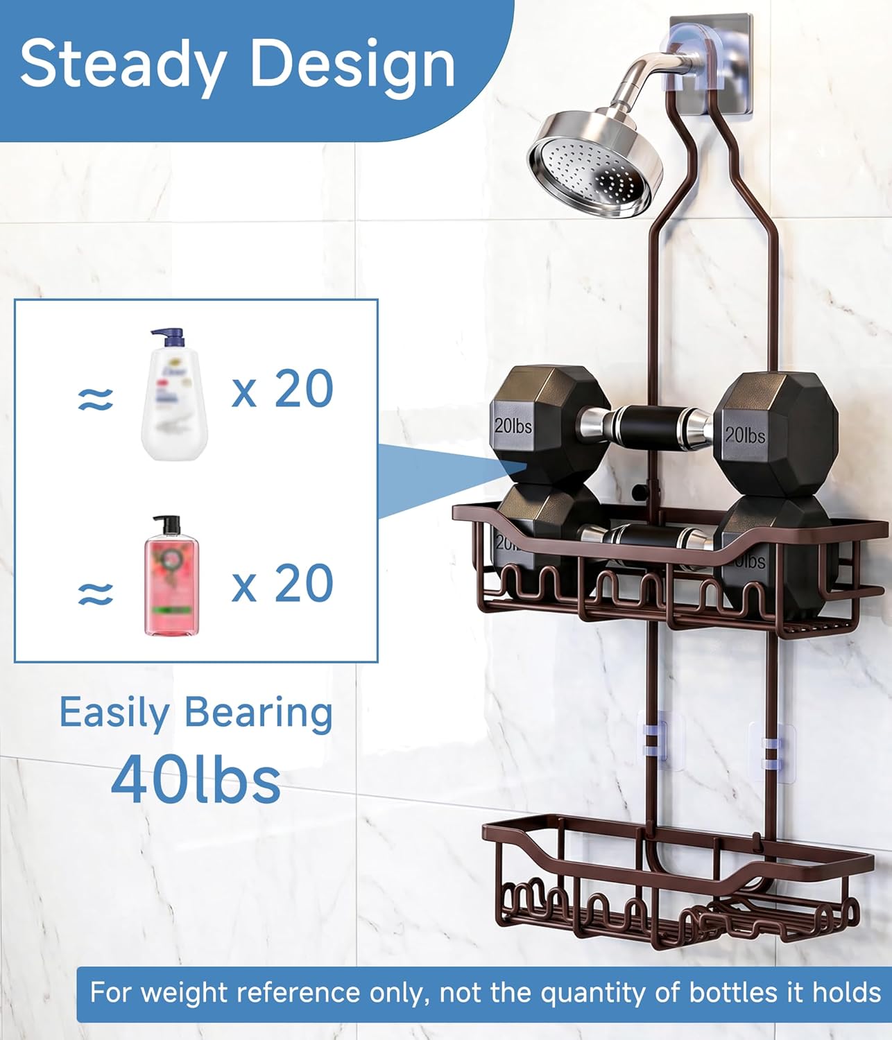 Upgraded Extended Length Shower Organizer with Hooks, Rustproof Shampoo Soap Holder, Large Hanging Bathroom Caddy