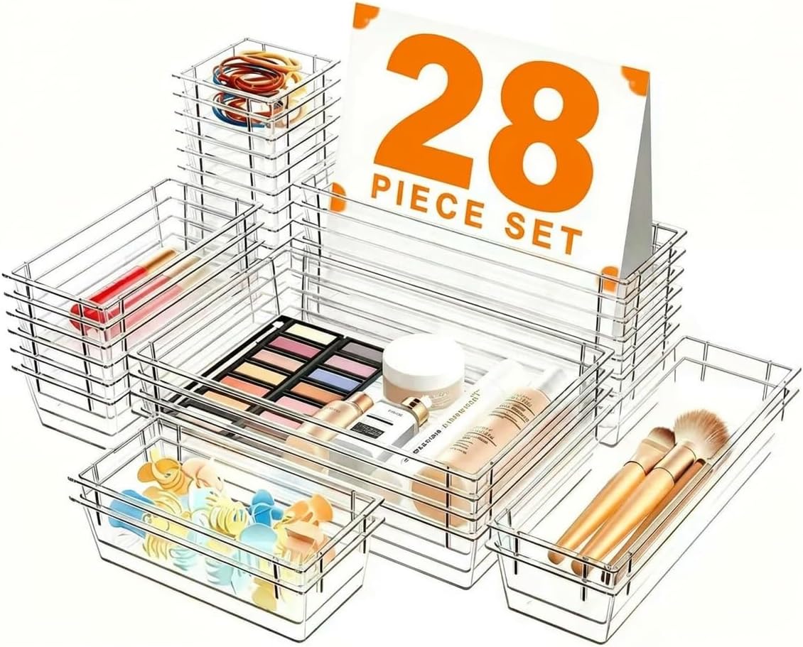 A-LuGei 【Military Grade】 Drawer Organizer, 【𝟱𝗦𝗶𝘇𝗲】 Makeup organizer, 【Holds 177 Items】 Bathroom Organizers and Storage, Organization and Storage, Desk Drawer Organizer for Vanity (Clear)