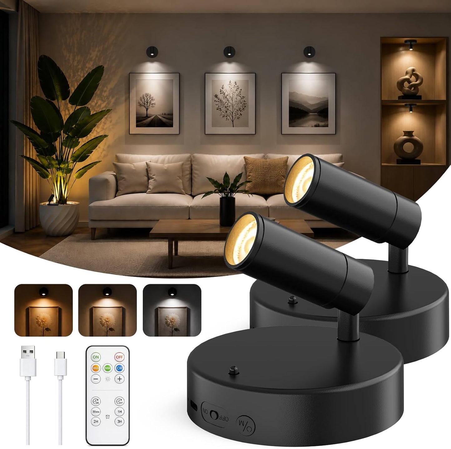 GOODEA Spotlights Indoor with Remote, 5500mAh Rechargeable Battery Plant Spotlight Indoor, Wireless Uplighting with 3 Colors & 24H Cycle Timer, Picture Light for Painting(2 Pack 5500mAh, Black)