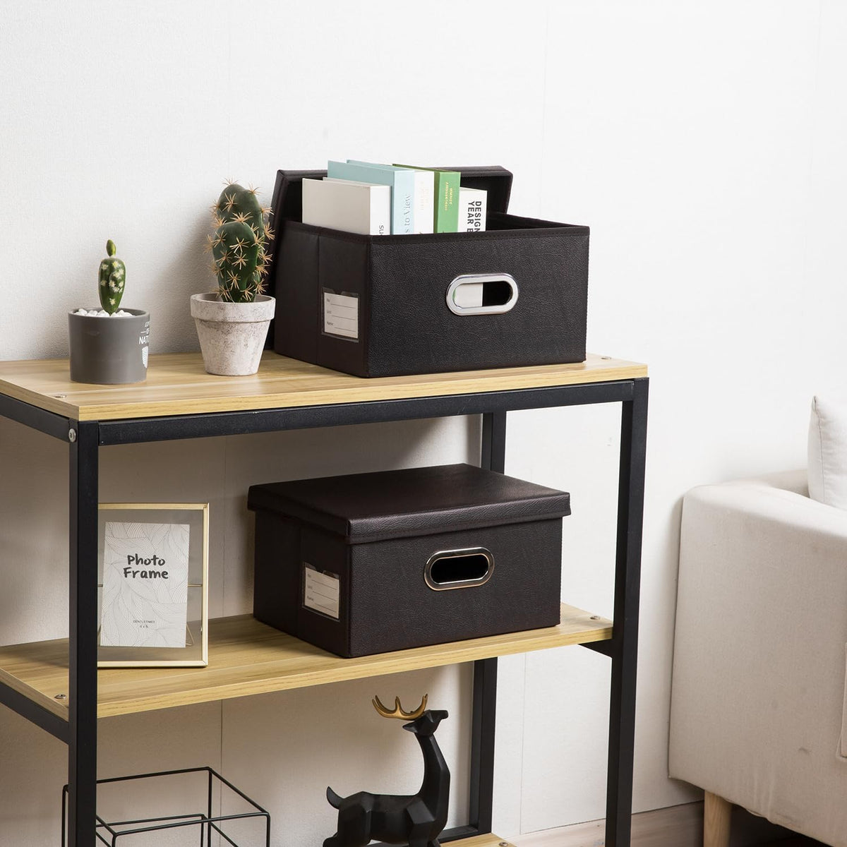 PRANDOM Collapsible Storage Box with Lid [1-Pack] Leather Fabric Foldable Storage Bin Organizer Container Basket Cube with Cover for Home Bedroom Closet Office Nursery Black (13.6x9.6x6.9)