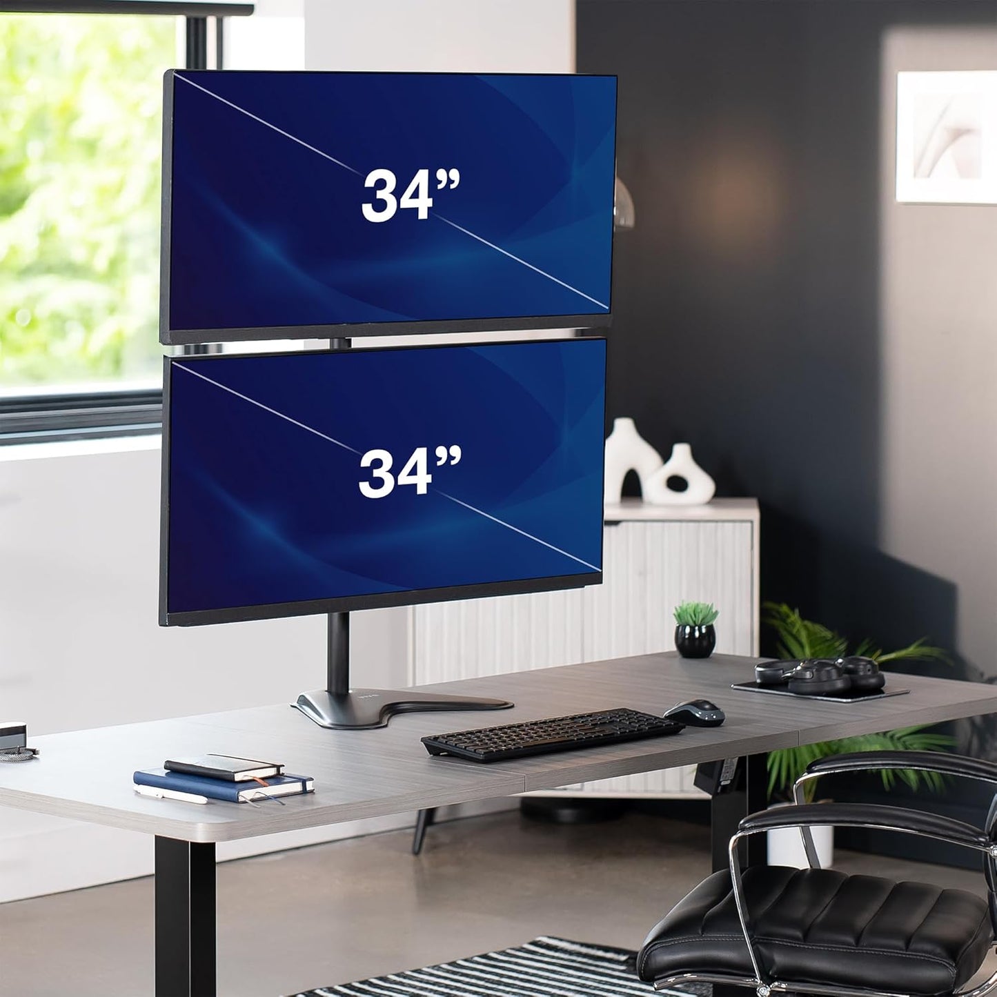 VIVO Dual Monitor Desk Stand Free-Standing LCD Mount, Holds in Stacked Vertical Position 2 Ultrawide Screens up to 34 inches, Black, STAND-V002L