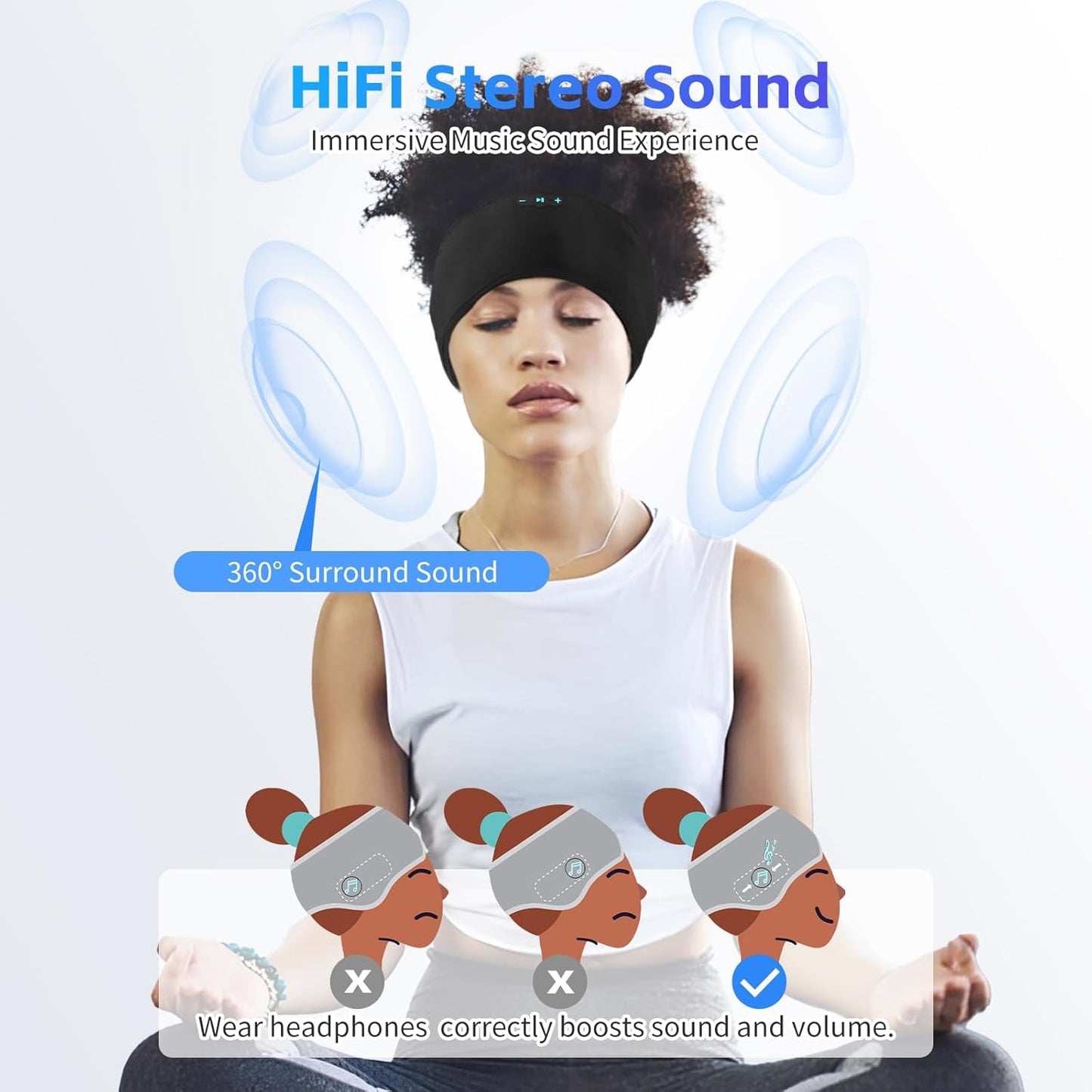 Sleep Headphones Bluetooth 6.0 Headband, 20Hr Headband Headphones with HD Stereo Speakers, Sports Wireless Earphones for Side Sleepers Workout Yoga Travel Meditation, Gifts for Women Men,Black