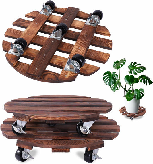 2 Pack Plant Caddy with 5 Wheels, 14" + 12" Rolling Plant Stand 220 LB Heavy Duty Wooden Round Plant Dolly with Metal 360° Lockable Caster Wheels for Outdoor Indoor Large Plant Pots, Flower Pot, Patio