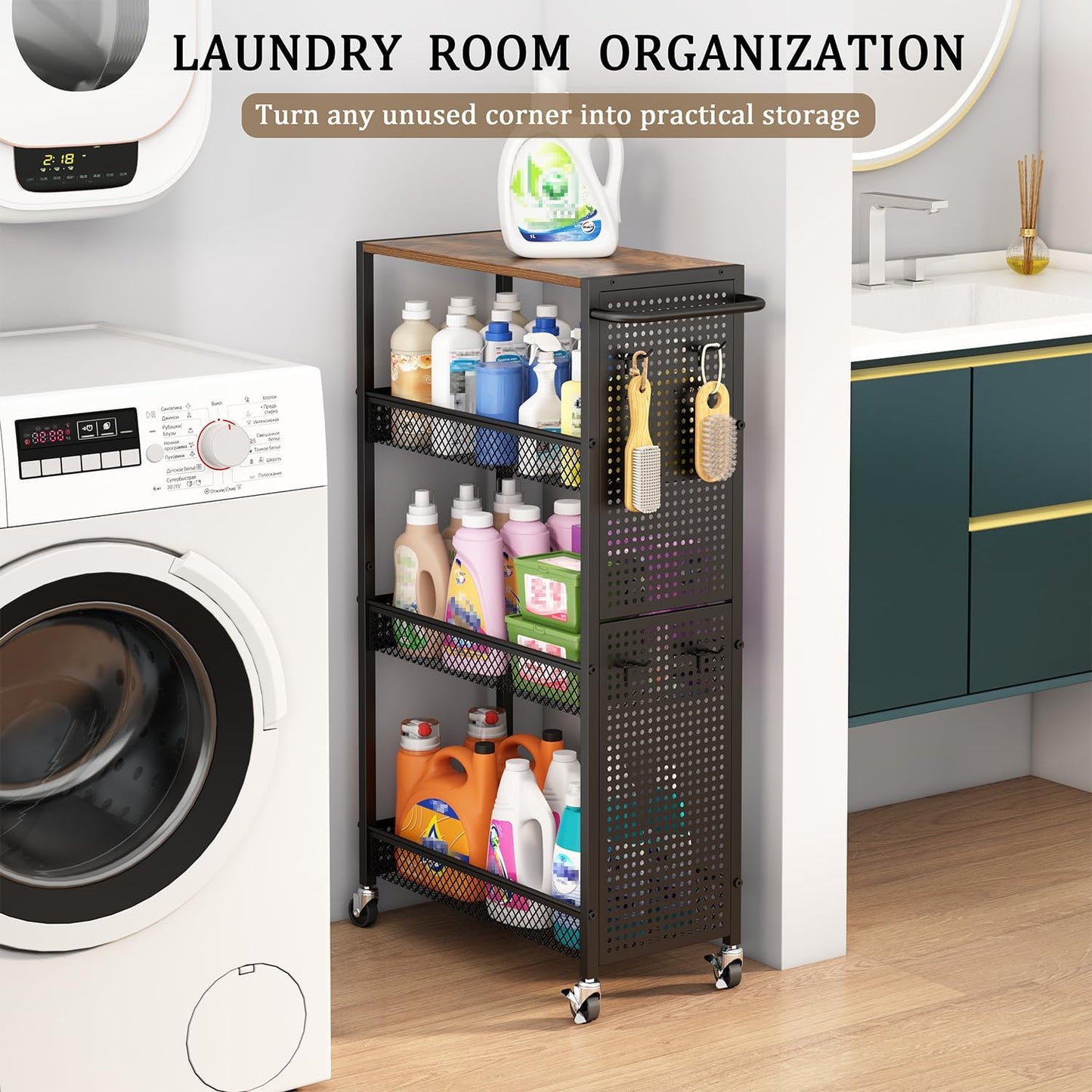 Utility Slim Storage Cart 4 Tier Small Rolling Kitchen Laundry Room Organization Cart with Wood Top Metal Narrow Laundry Room Shelves Cabinet Unit Laundry Organizer Trolley with Handle for Small space