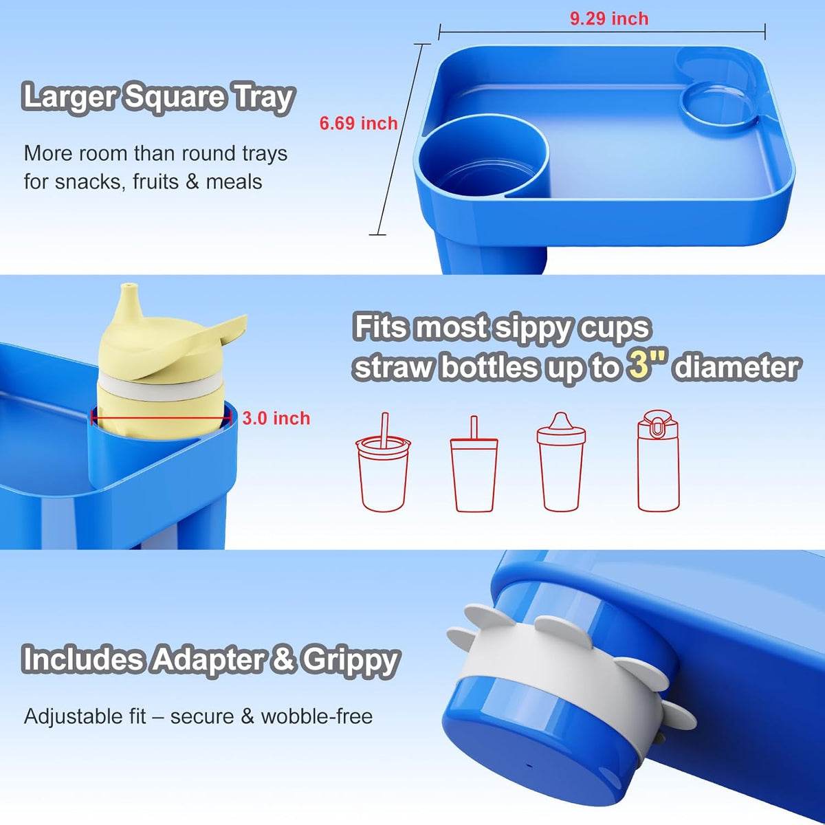 Car Seat Snack Tray for Toddlers - 3 Inch Cup Holder Fits Most Sippy Cups & Straw Bottles with Dip Well, Mess-Free Square Kids Travel Tray Road Trip Essentials, Blue