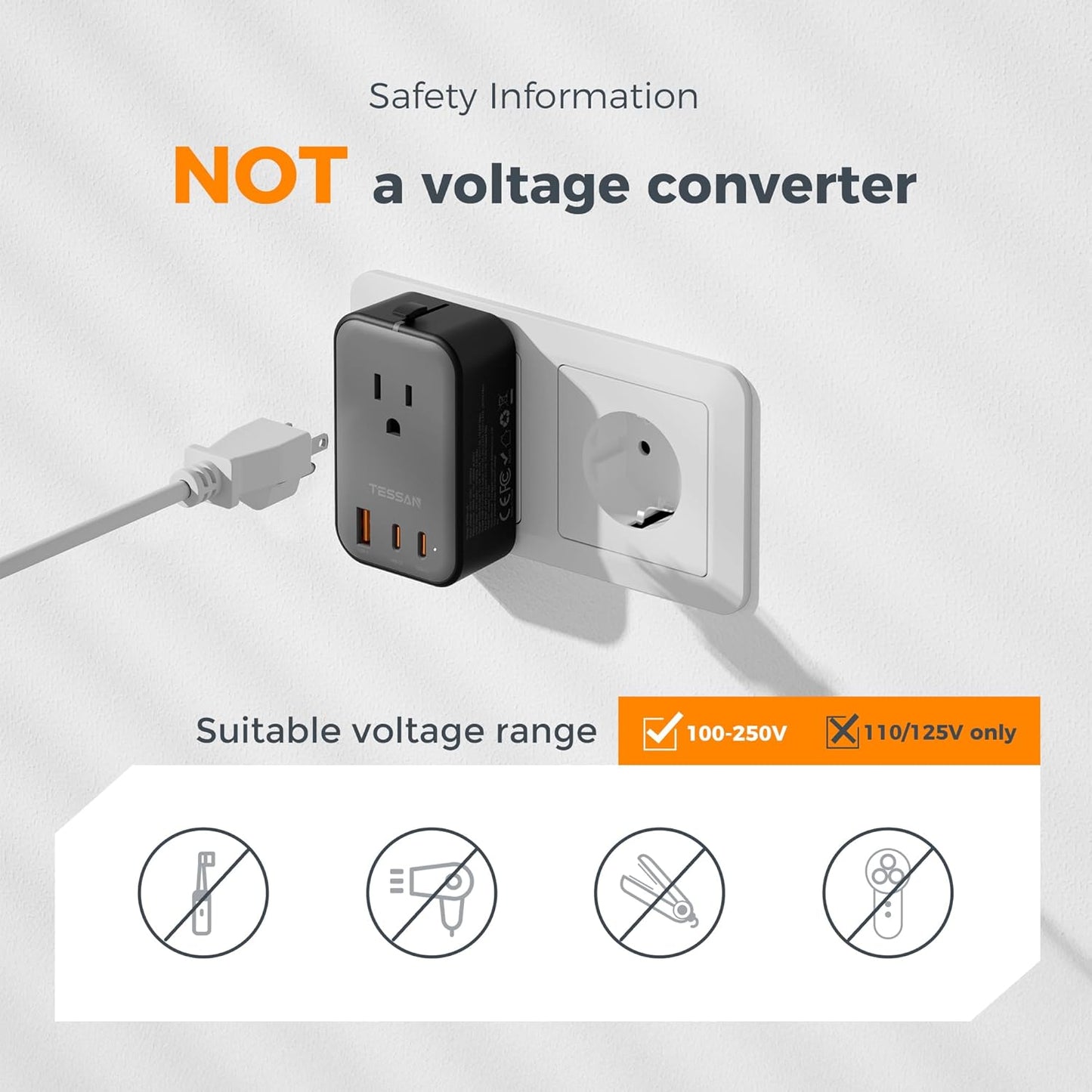 TESSAN Travel Adapter 009, PD 20W Universal Power Adapter 2 USB C 1 USB A, Ultra Thin International Plug Adaptor Worldwide Outlet for US to European UK Italy Spain New Zealand (Type C G A I), 1 Pack