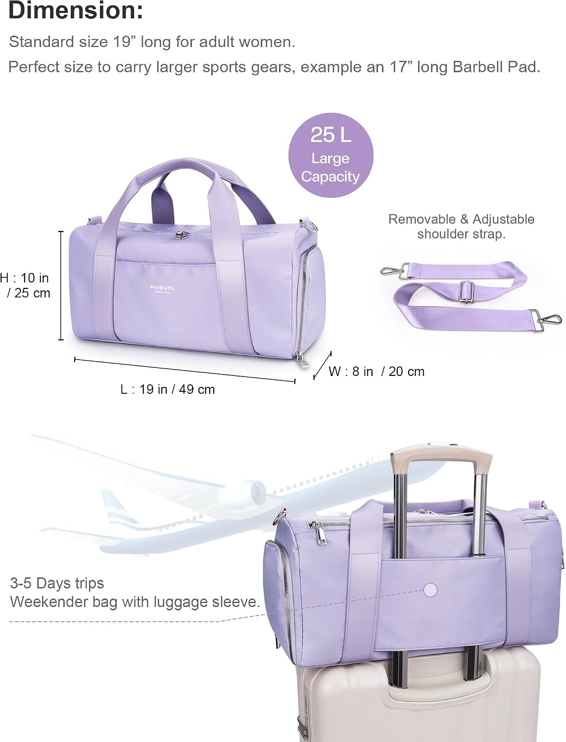 19" Purple Personal Gym Bag for Women,with Shoe Compartment & Wet Pocket