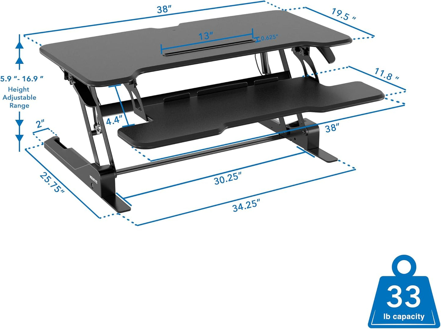 Mount-It! 38 Inch Standing Desk Converter - Gas Spring Sit Stand Desk Riser for Dual Monitors - Height Adjustable Desktop Workstation with Keyboard Tray - Black