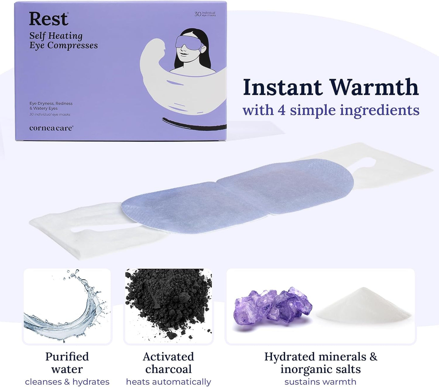 CorneaCare Rest: Self Heating Warm Compress for Dry Eyes | Heated Eye Mask for Fast Relief | Steam Mask for Stye Treatment | No Microwave or Washcloth Needed | Travel Ready Warm Compress | 30 Count