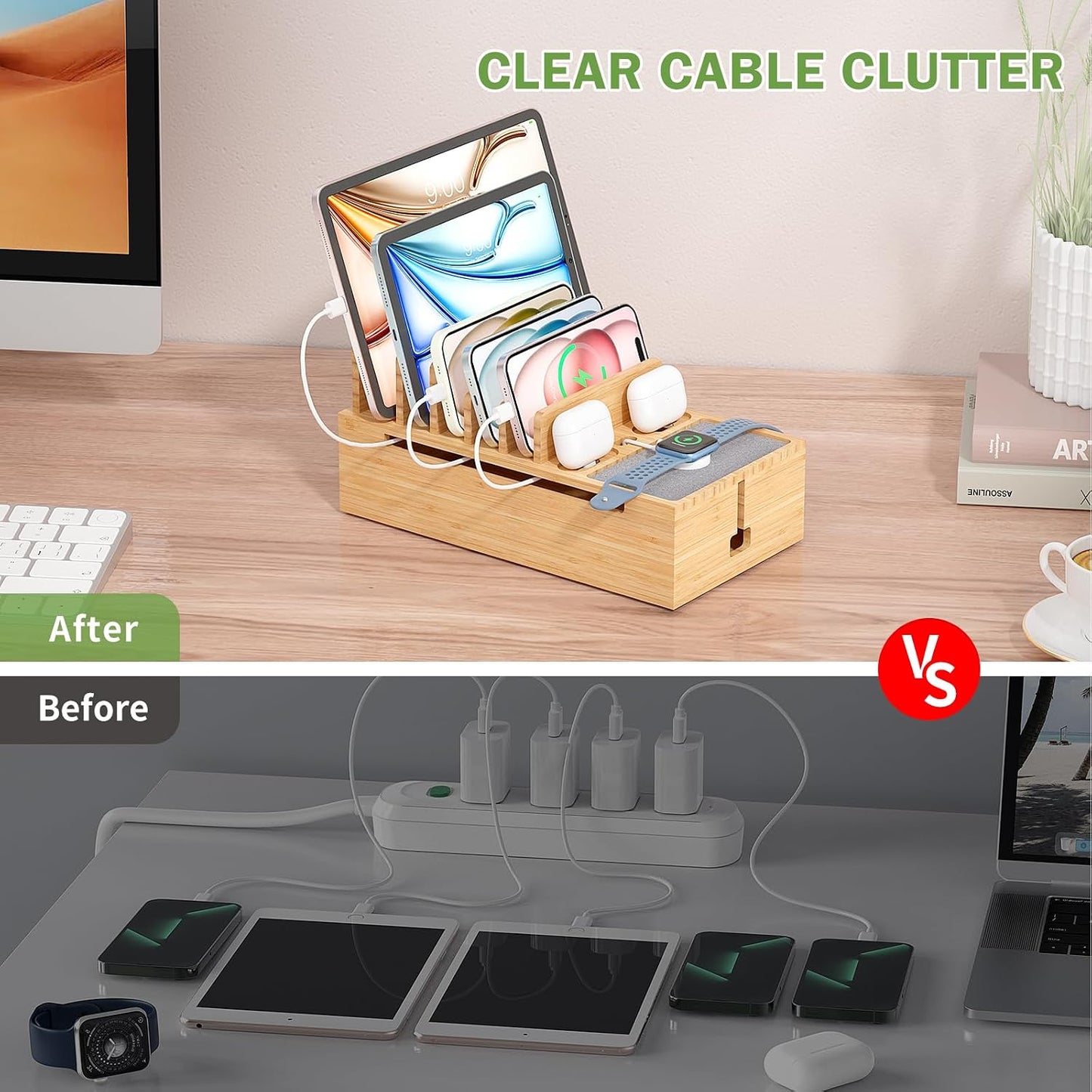 Pezin & Hulin Cell Phone Charging Station for Multi Devices-Natural Bamboo | All in One Desktop Charger Organizer, with Power USB Charge Adapter and 6 Cables, Use As Power Strip Hidden Box
