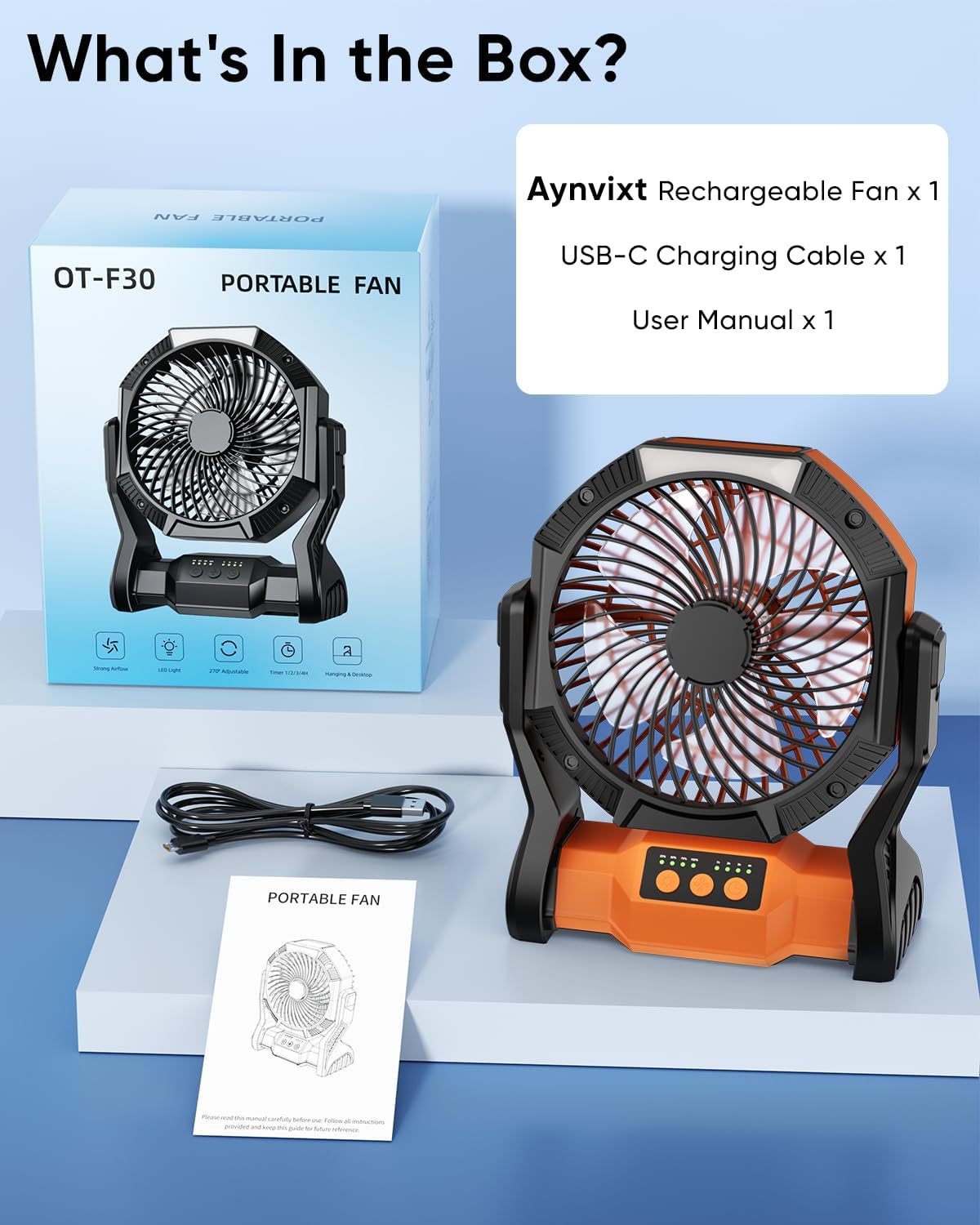 Portable Rechargeable Fan, 20000mAh Battery Powered Camping Fan with LED Light & Hook, 270° Adjustable, 4-Speed, 4H Timer Camping Essentials for Outdoor Tent Travel BBQ Car_Orange
